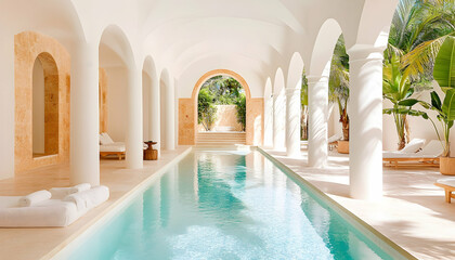 Serene indoor pool in a luxurious, sunlit, arched colonnade