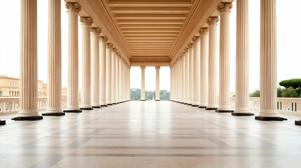 Classical Architectural Structure with Rows of White Columns and Tile Floor Beneath a Beige Ceiling and Bright Sky
