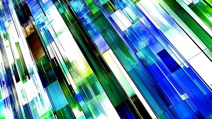Abstract geometric background with dynamic diagonal lines in blue, green, and white tones creating...