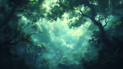 Fototapeta premium Mystic forest canopy under a stormy sky. Verdant Incubation. Illustration