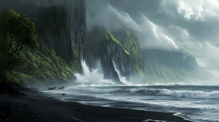 Ocean waves crash on a black sand beach near a dramatic, verdant cliff face under a brooding sky. Verdant Incubation. Illustration