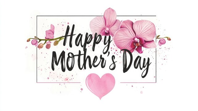 A minimalistic "Happy Mother's Day" design written in bold and glossy black calligraphy on an ultra-white background. The "o" in "Mothera??s" is replaced with a charming pink orchid - Powered by Adobe