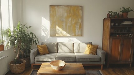 Cozy Living Room with Wooden Furniture and Plants, Cozy living room with wooden furniture, plants, and soft lighting