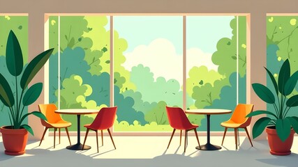 Obraz premium Bright and airy café interior with colorful chairs and greenery view overlooking a lush landscape during daylight