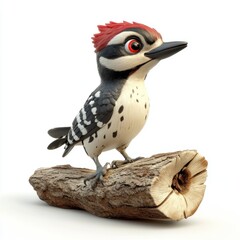 Obraz premium A cartoon woodpecker perched on a brown wooden log is observed