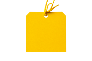 Blank yellow tag with string detail on black, cut out transparent