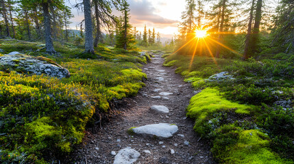 Obraz premium Sunlit forest path, mossy ground, sunset glow