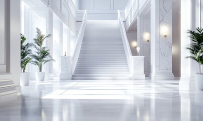 Obraz premium Grand white staircase in a spacious, elegant hall