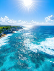 Fototapeta premium Sunlit ocean vista, turquoise water, green cliffs, and bright sky