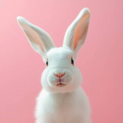 Obraz premium Cute white bunny in various poses on soft pink background holding or playing with pastel eggs