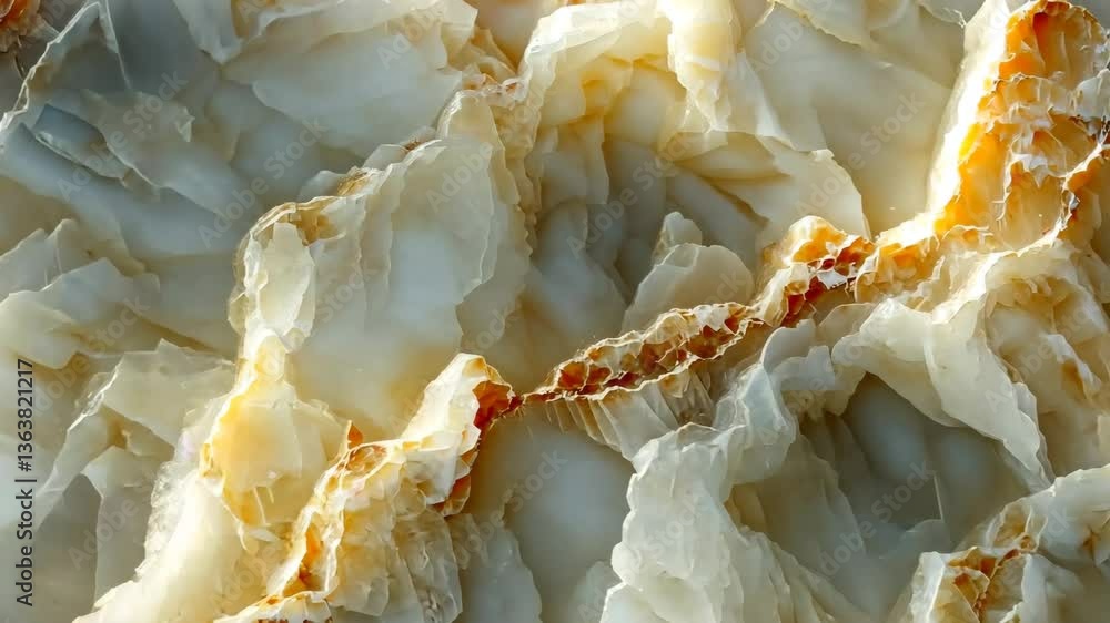 Poster close-up view of a textured mineral surface with layers of translucent white and orange hues, showca