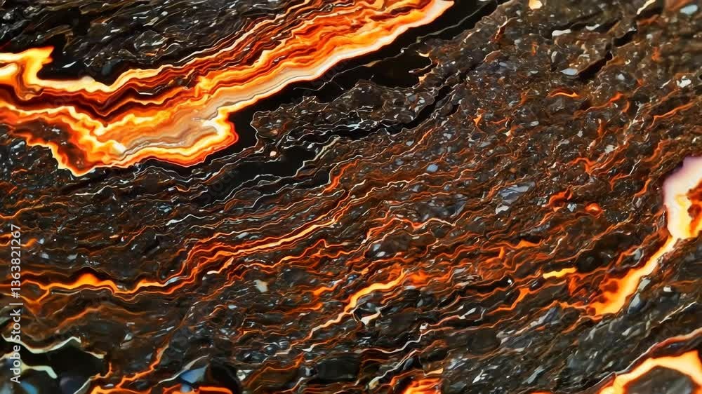 Poster a close-up view of a colorful mineral with swirling patterns in shades of black, orange, and brown, 