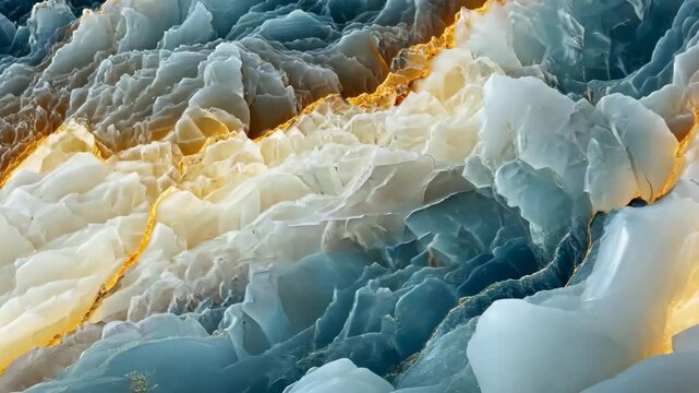 A close-up view of a stunning geological formation featuring layers of translucent blue and white minerals, with golden veins running through them, creating a mesmerizing abstract.