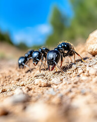 Three large black ants foraging on dry, reddish-brown ground under a bright blue sky