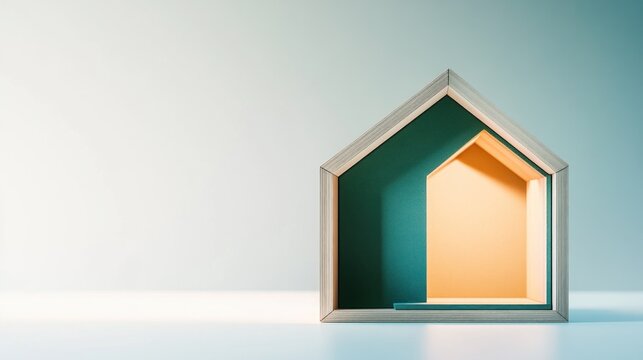 Minimalist wooden house model, interior lit, empty space, home design concept, real estate