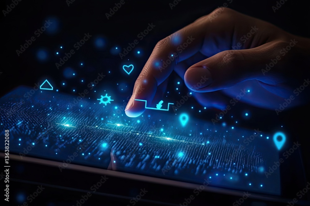 Poster human hand interacting with glowing digital interface, icons and data overlay display