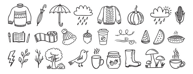 Autumn or nature fall season with falling leaves, umbrella doodle hand drawn icon elements set. Outline drawing autumn or fall line clipart symbol collection