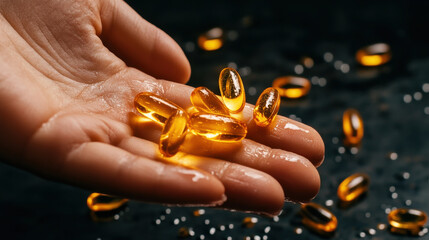 Hand holding golden capsules with droplets, showcasing health supplements