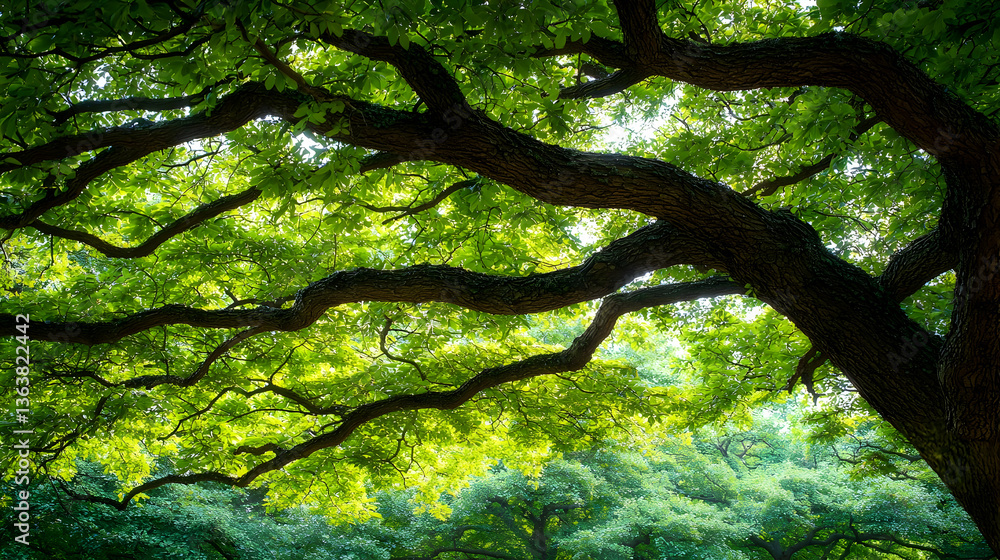 Poster lush green tree canopy illuminated by sunlight creating a textured background of leaves and branches