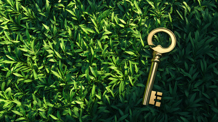 Golden key resting on lush green grass. Secreted Change. Illustration
