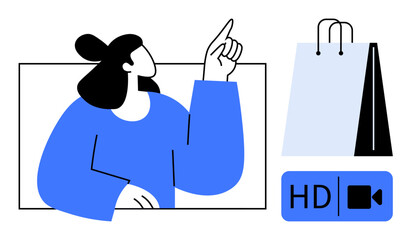 Woman engaging with a screen, shopping bag beside her, HD video icon below. Ideal for ecommerce, online shopping, virtual communication, digital marketing, retail technology, live streaming flat