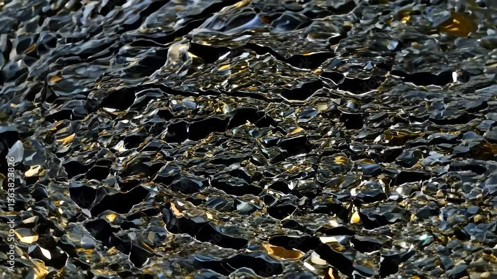 Poster a close-up view of rippling water with a dark, reflective surface, showcasing intricate patterns and