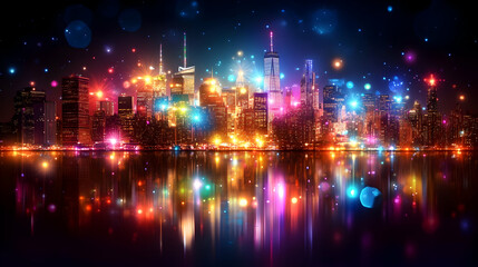 Fototapeta premium Vibrant cityscape at night, reflected in calm water, with colorful lights and bokeh