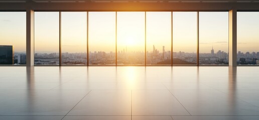 Fototapeta premium Window view of cityscape at sunrise