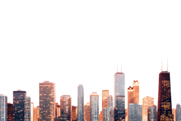 Urban panorama with tall buildings glowing at night, cut out transparent