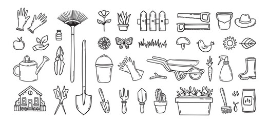 Gardener tools hand drawn doodle icons set. Hobby gardening. Garden items for plant care and backyard cleaning. Garden line clipart. © Yanka