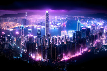 Obraz premium Vibrant nighttime cityscape panorama, illuminated skyscrapers, harbor view