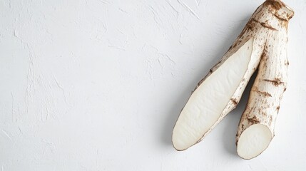 A bright white cassava root sliced diagonally