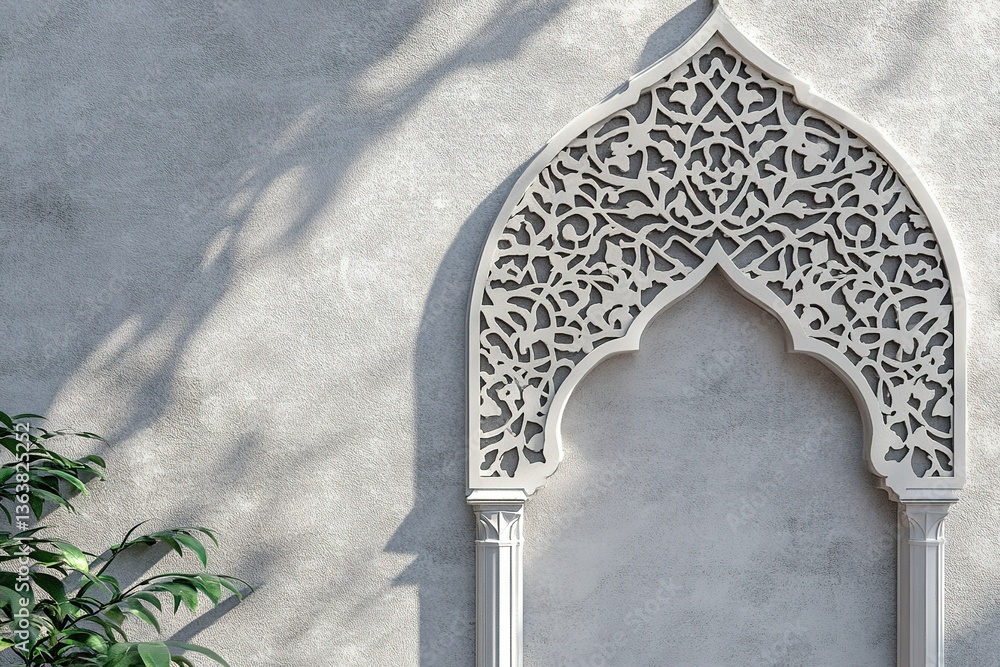 Poster elegant architectural archway with intricate patterns on a textured light gray wall