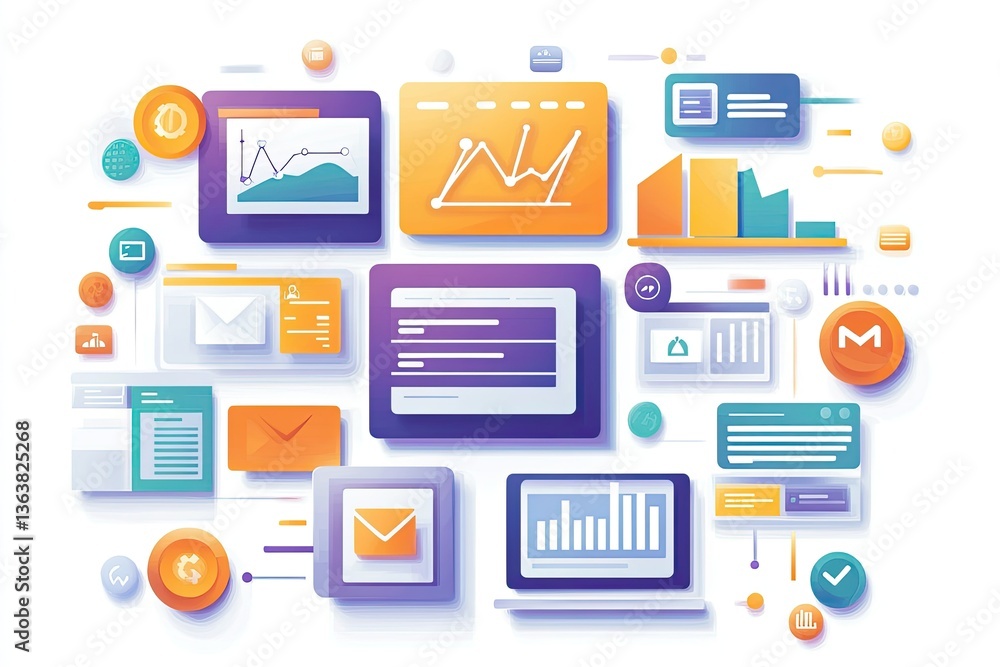 Poster isometric interface elements with charts, graphs, data presentation on white backdrop