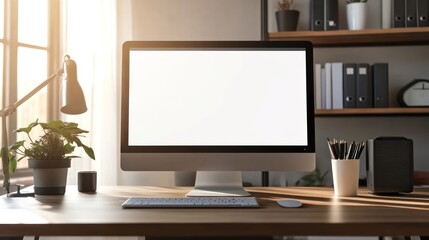 Fototapeta premium Modern workspace with computer. Bright, sunlit home office setup featuring a blank computer monitor, keyboard, and mouse on a wooden desk. 