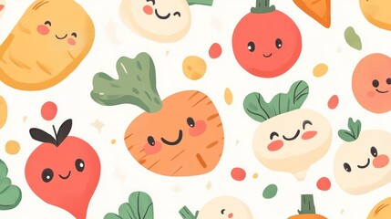 Cute cartoon vegetables, happy faces, white background, healthy food illustration, kids menu design