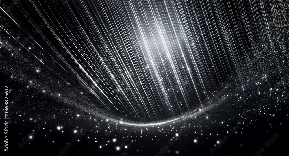 Poster abstract luminous streaks and dots cascade down against a dark backdrop, creating a dynamic, flowing