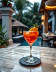 A refreshing cocktail sits on a marble table at a tropical resort, ready for a relaxing evening