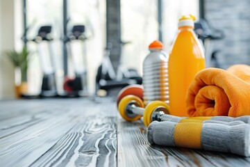 Fototapeta premium Gym Essentials: Dumbbells Orange Juice Water Bottle and Towel on Wood Floor