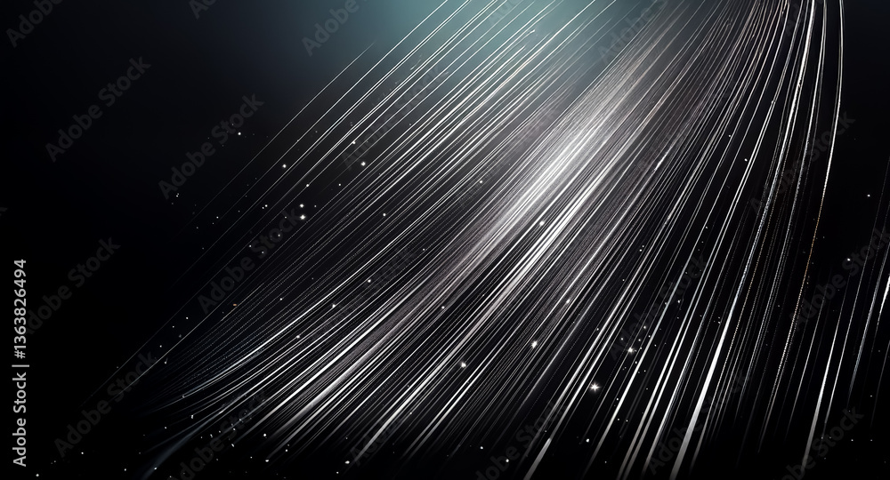 Poster abstract image featuring dynamic, flowing white and grey lines radiating from the top left against a