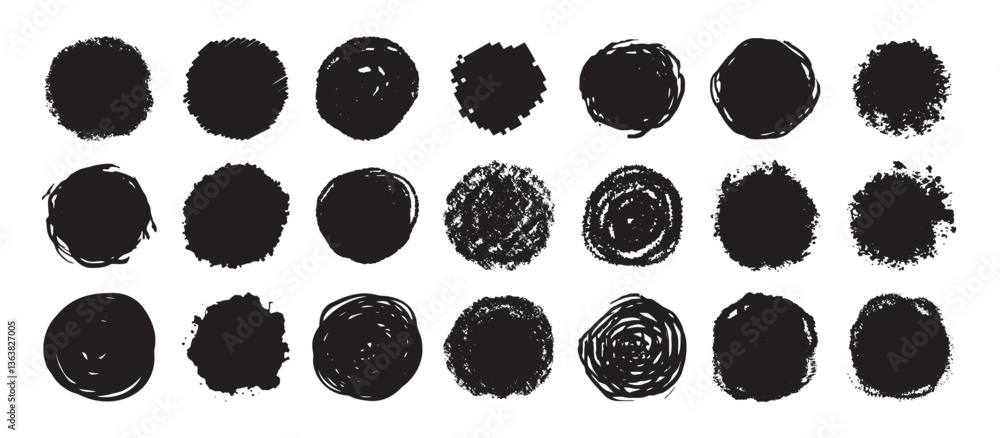 Poster round grunge scratch and textured ink brush strokes set. isolated vector black collection. dirty exp