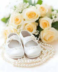 White baby shoes with pearls and roses