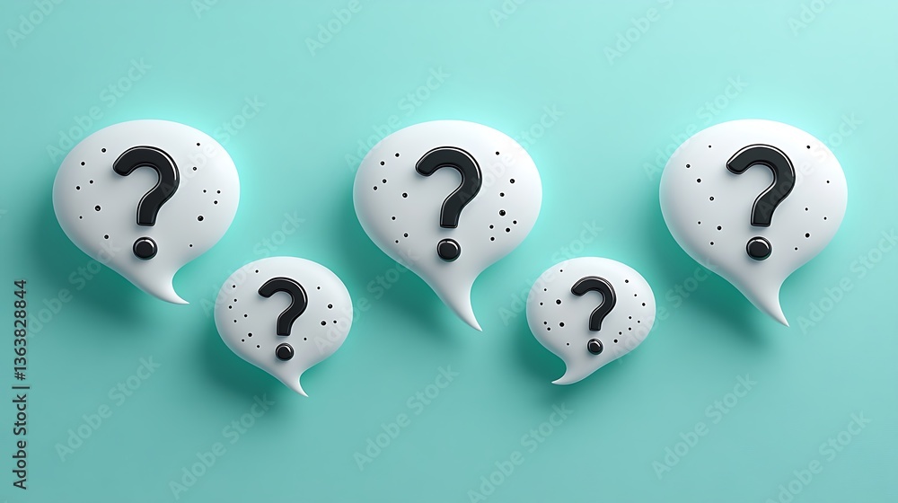 Poster floating question marks in speech bubbles on teal background: conceptual questions and answers visua
