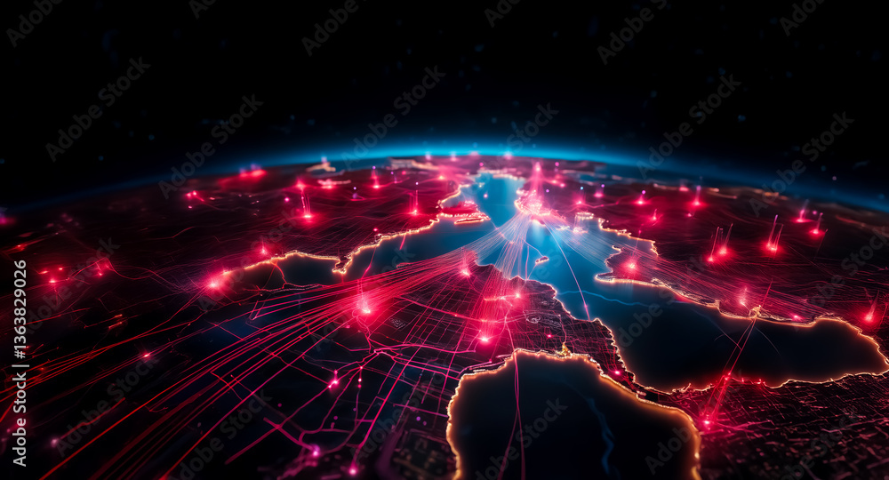 Poster a glowing earth displays interconnected red dots and lines across a continent. bright points and con