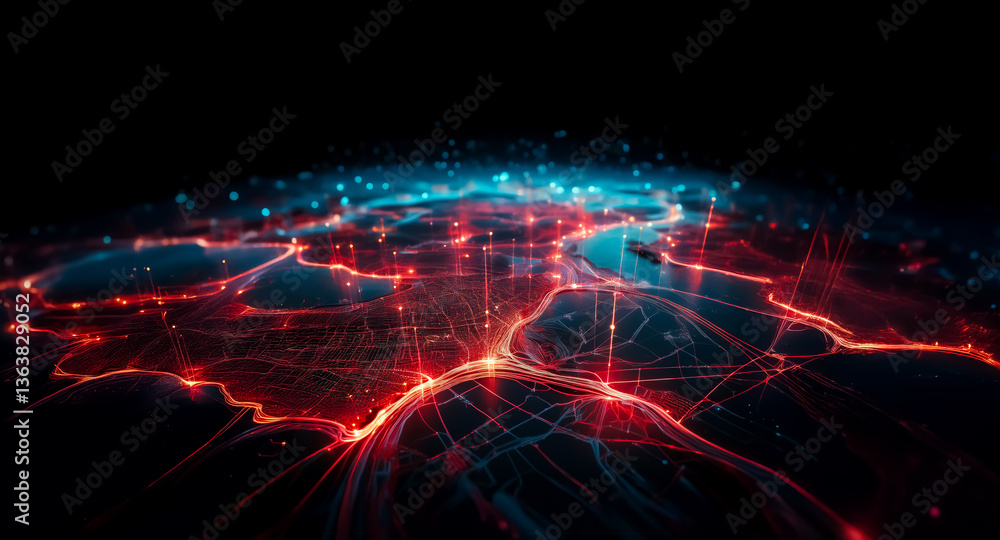 Poster abstract red and blue light trails form a glowing network on a dark background, resembling a futuris