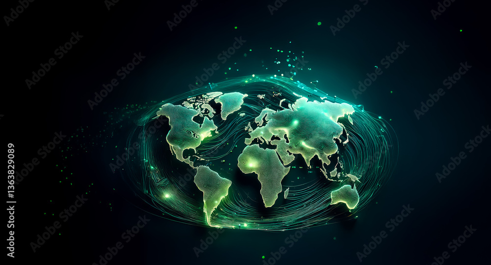 Poster a glowing world map with green continents and bright white borders is surrounded by luminous green l