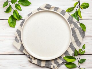 ceramic plate mockup on linen napkin and wooden background, empty and clean for branding, natural lighting with cozy mood