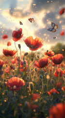 Obraz premium Champ de coquelicots en fleurs sous la lumière dorée du printemps