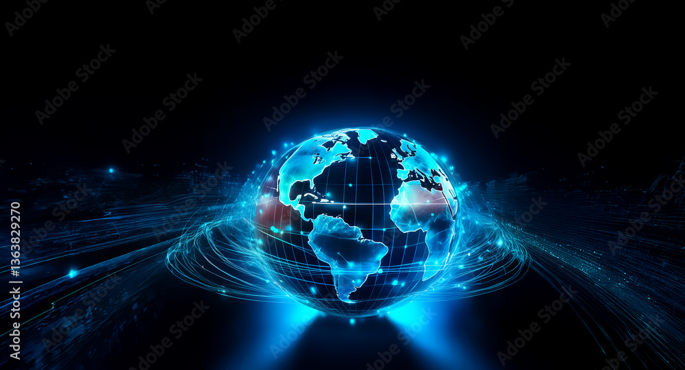 Aufkleber illuminated digital globe with blue glowing lines and points against a dark backdrop. a futuristic r