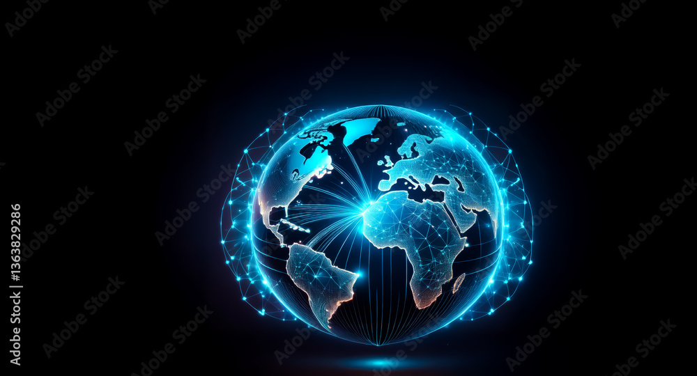 Aufkleber illuminated digital globe with network connections on a black background. bright lines highlight the